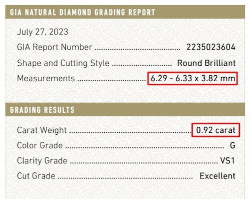 Carat and Measurement information